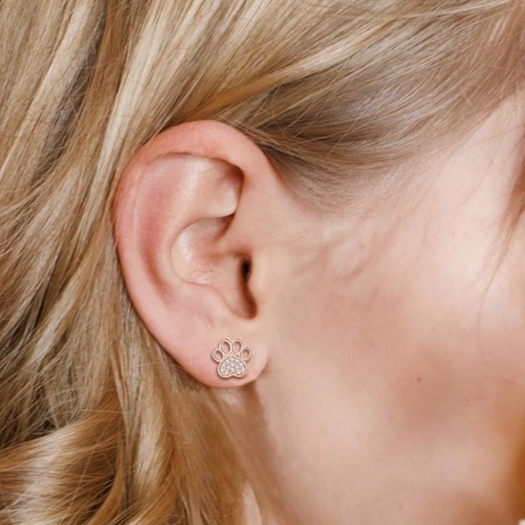 14k Rose Gold Paw Print Diamond Earrings - Picture 6 of 8